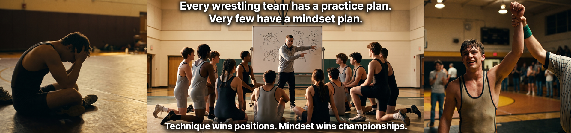 The Wrestler's Mind 30-day course banner. Every wrestling team has a practice plan — very few have a mindset plan. Technique wins positions; mindset wins championships.